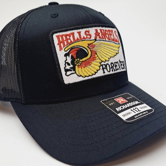 Hells Angels Trucker Mesh Snapback Cap Hat Black Biker Gang Club Bobber 112 70s - Picture 1 of 5
